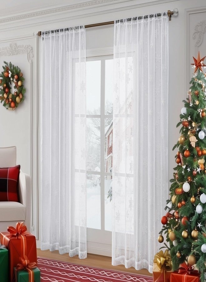 Beauoop Sheer Christmas Curtains 84 Inches Long 2 Panels for Living Room Bedroom White Snowflake Xmas Winter Holiday Decor Privacy Light Filtering Rod Pocket Voile Window Treatments Drapes 52x84 2 Set - Image 4